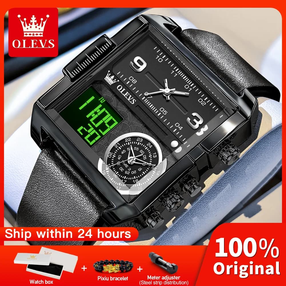 OLEVS 1101 Orologio con movimento al quarzo LED 30m Impermeabile Quadrante quadrato Cinturino in pelle Display 24 ore con allarme Orologio con doppio fuso orario per uomo