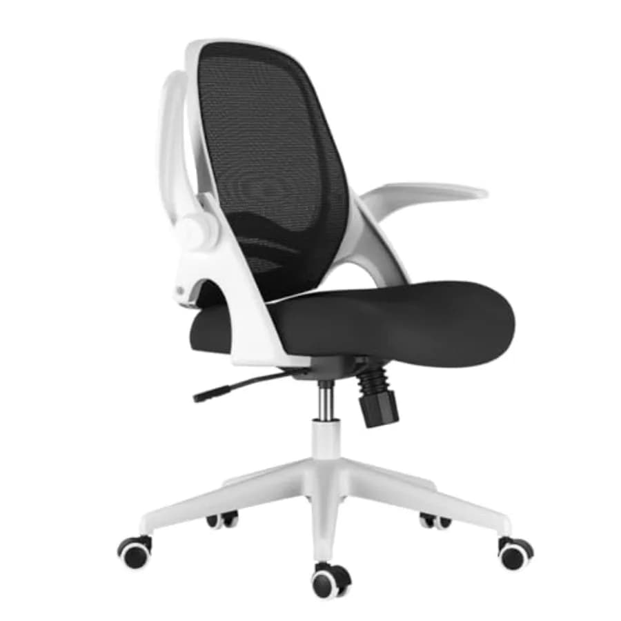 Sedia da Ufficio Ergonomica con Braccioli Ribaltabili, Schienale a S in Rete, Cuscino a Sella Girevole Bianco