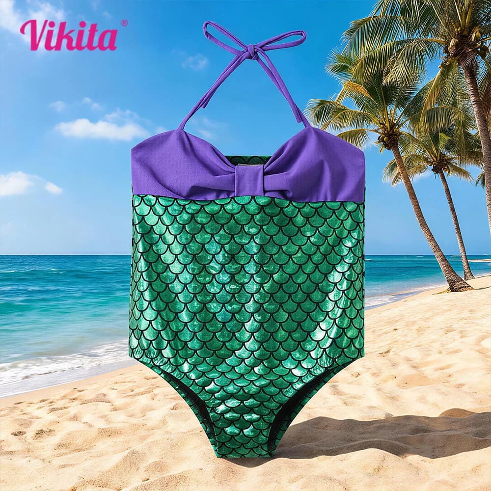 VIKITA Costume da bagno intero con stampa a squame di sirena per bambini, costume da bagno viola lucido alla moda, carino, per ragazze, per la spiaggia, la piscina, per le vacanze