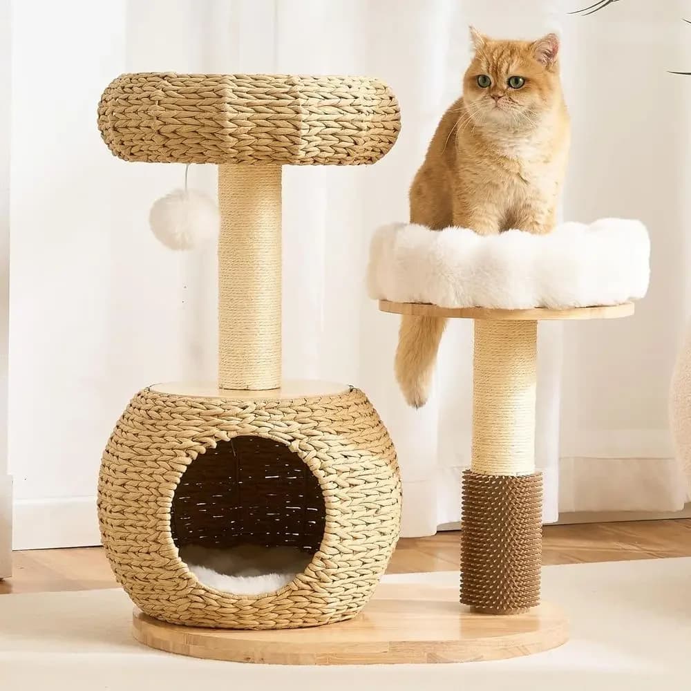 30 Inch Solid Wood Cat Tree with Rattan Bed, Cave, Plush Bed, Groomer, and Scratching Post for Large Indoor Cats