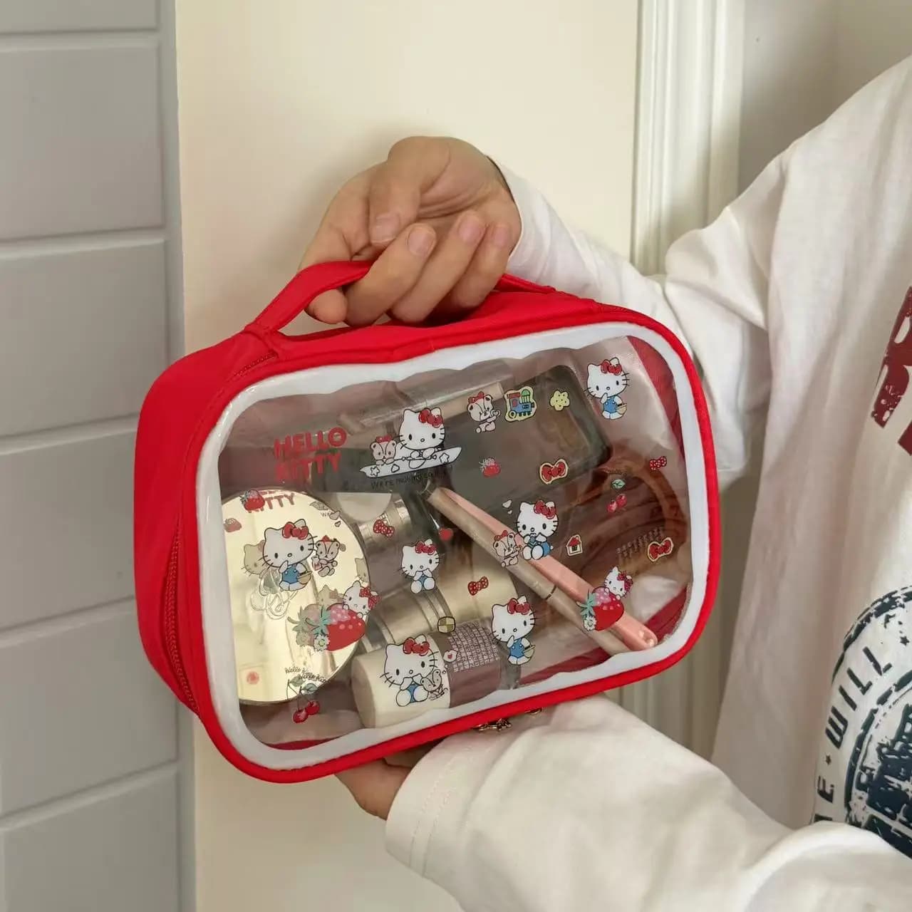 Sanrio Hello Kitty Borsa da viaggio portatile per il trucco, borsa per cosmetici di grande capacità, borsa per cosmetici trasparente Kawaii Y2K, regali