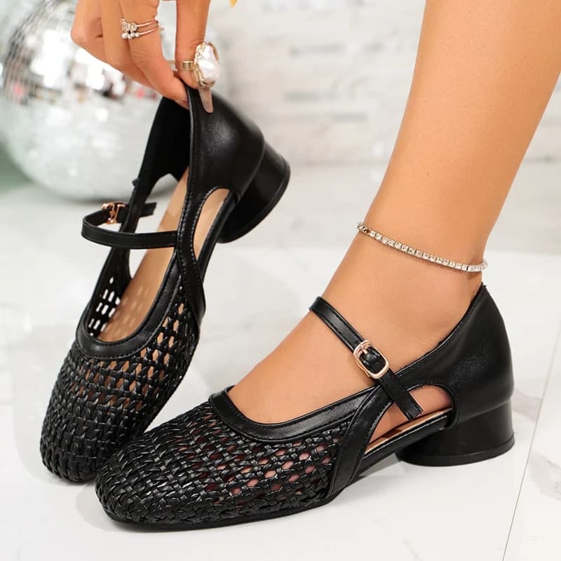 Summer New Block Heel Woven Cutout Wrapped Toe Sandals Women's Square Toe Shallow Mouth One Strap Kitten Heel Mary Jane Shoes