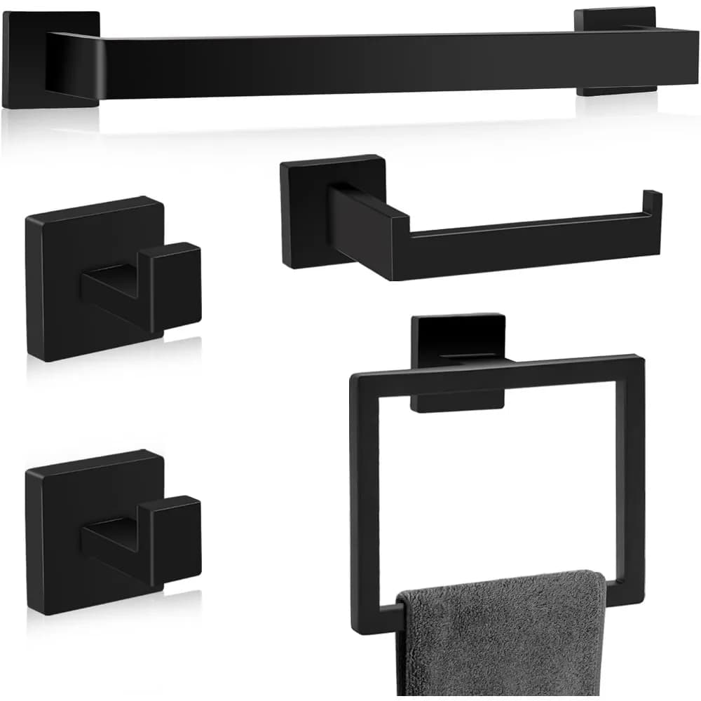 Set di 5 accessori per il bagno nero opaco, portasciugamani da 23,6 pollici, scaffali a parete in acciaio inossidabile 304