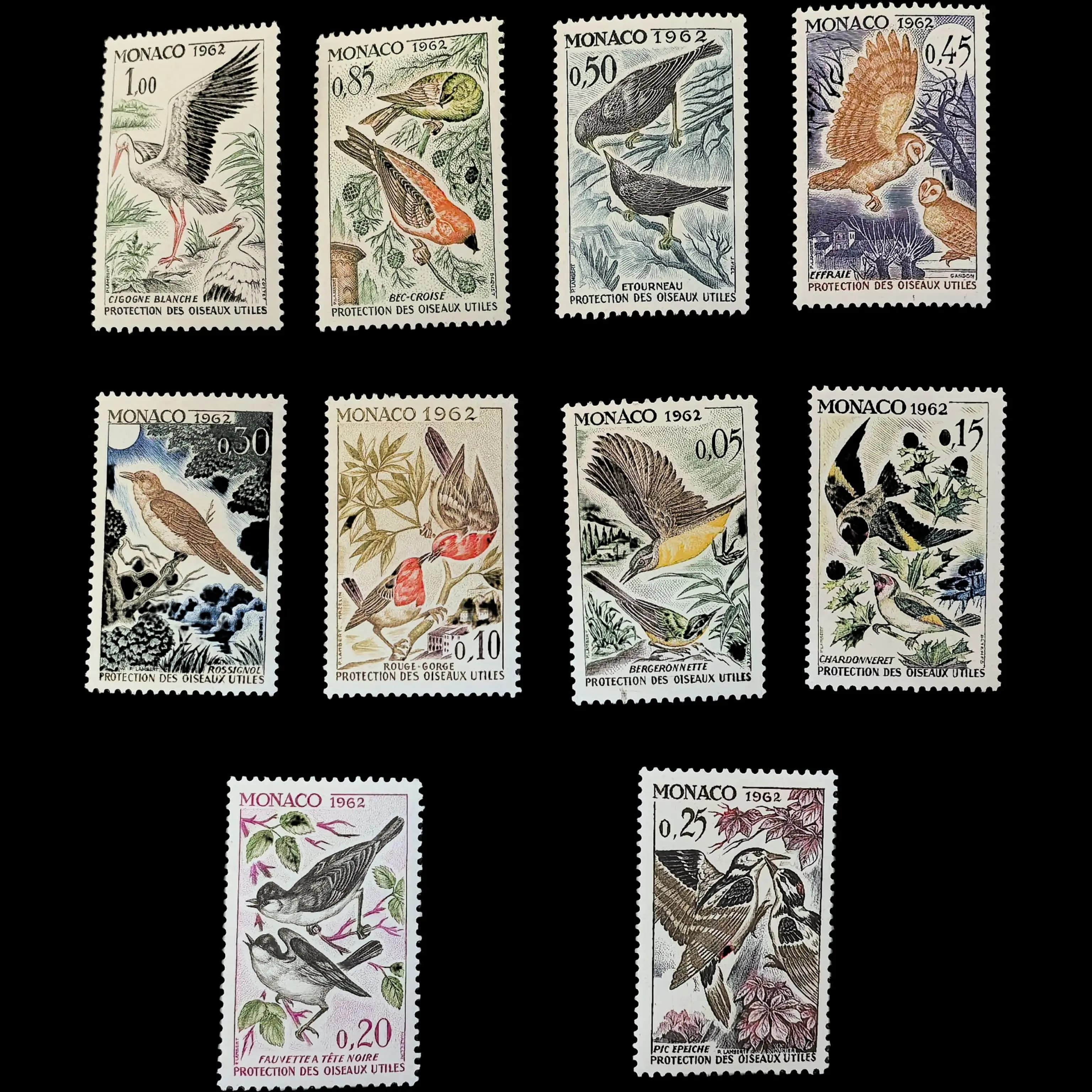 Monaco Post Y1962 Bird Engraving Edition Full Set Original All New MNH 10 Collectible Postage Stamps Material For Scrapbooking
