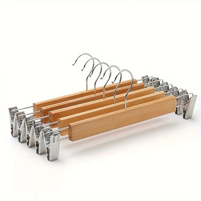 5pcs Natural Wood Pants Hanger with Clips Non Slip Wooden Skirt Hanger