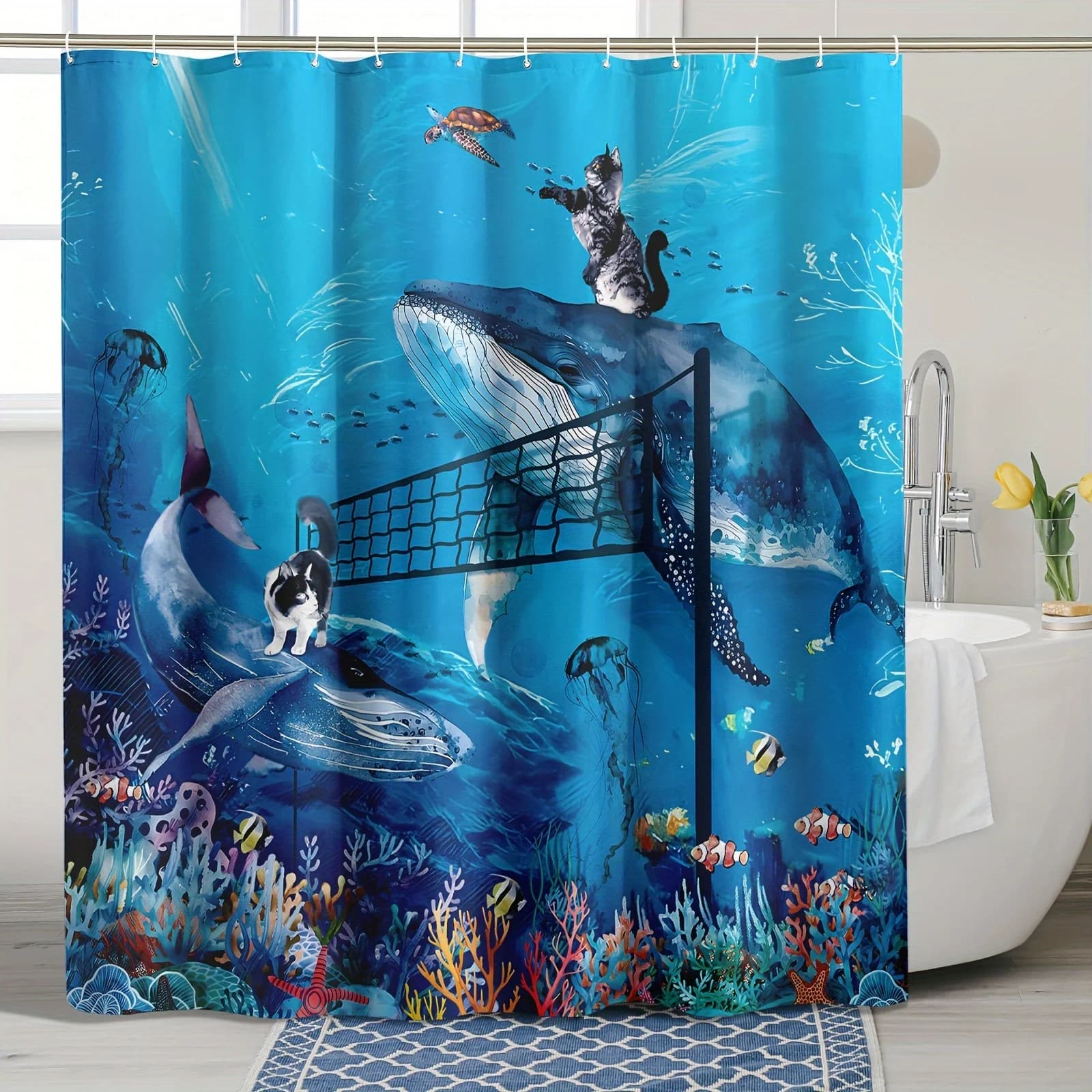 Ocean Volley: una divertente tenda da bagno impermeabile con gatti che giocano a pallavolo su balene, perfetta per un arredamento unico