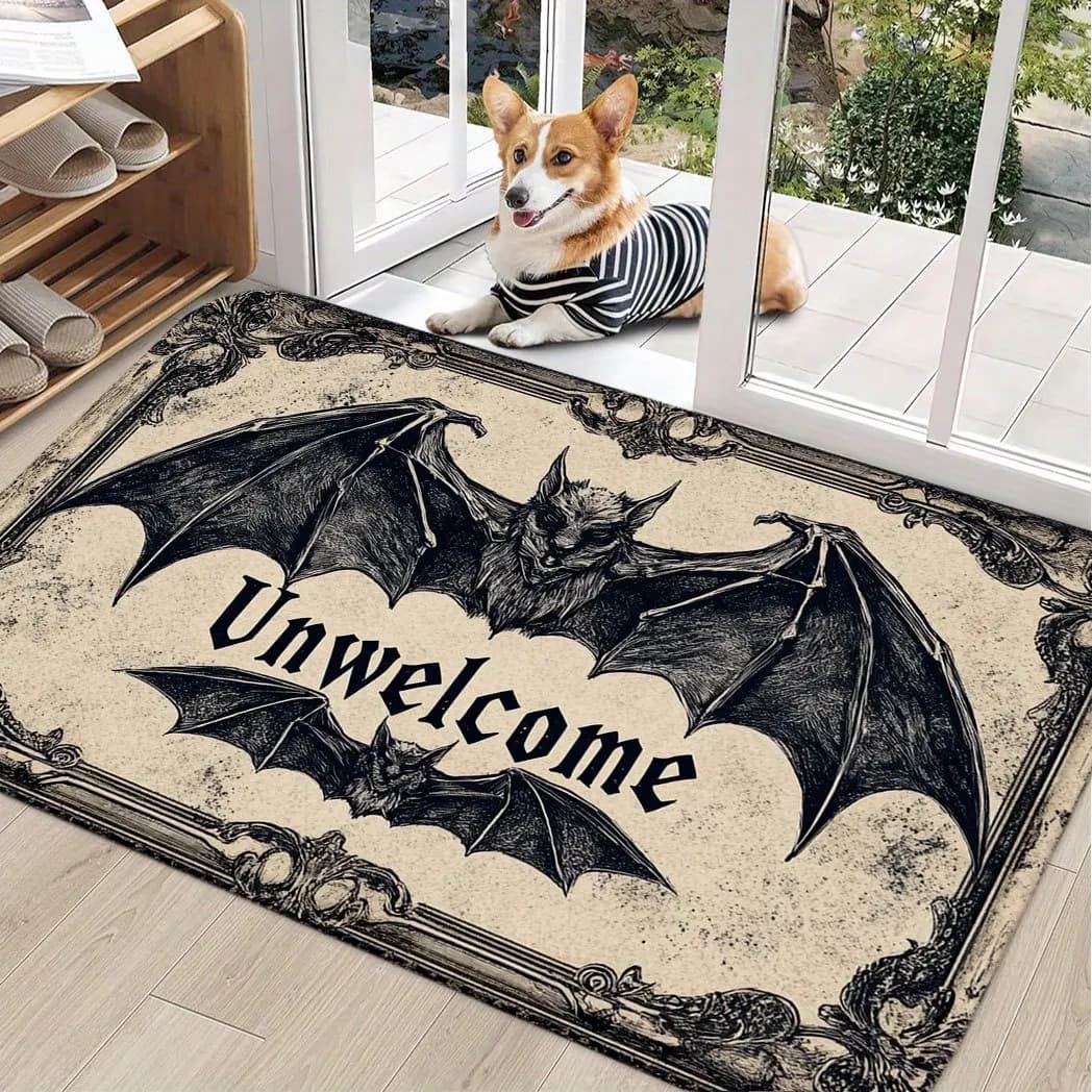 VIKAMA Stile scuro Unwellcome Tappetino di benvenuto Modello di pipistrello gotico Zerbino antiscivolo Ingresso Decorazione a tema Halloween
