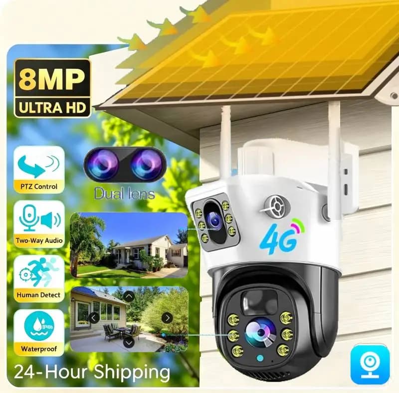 8MP 4G Solar Camera Dual Lens Dual Screen Wireless WiFi Outdoor Surveillance Cam Human Detect Security Protection PTZ IP Cam