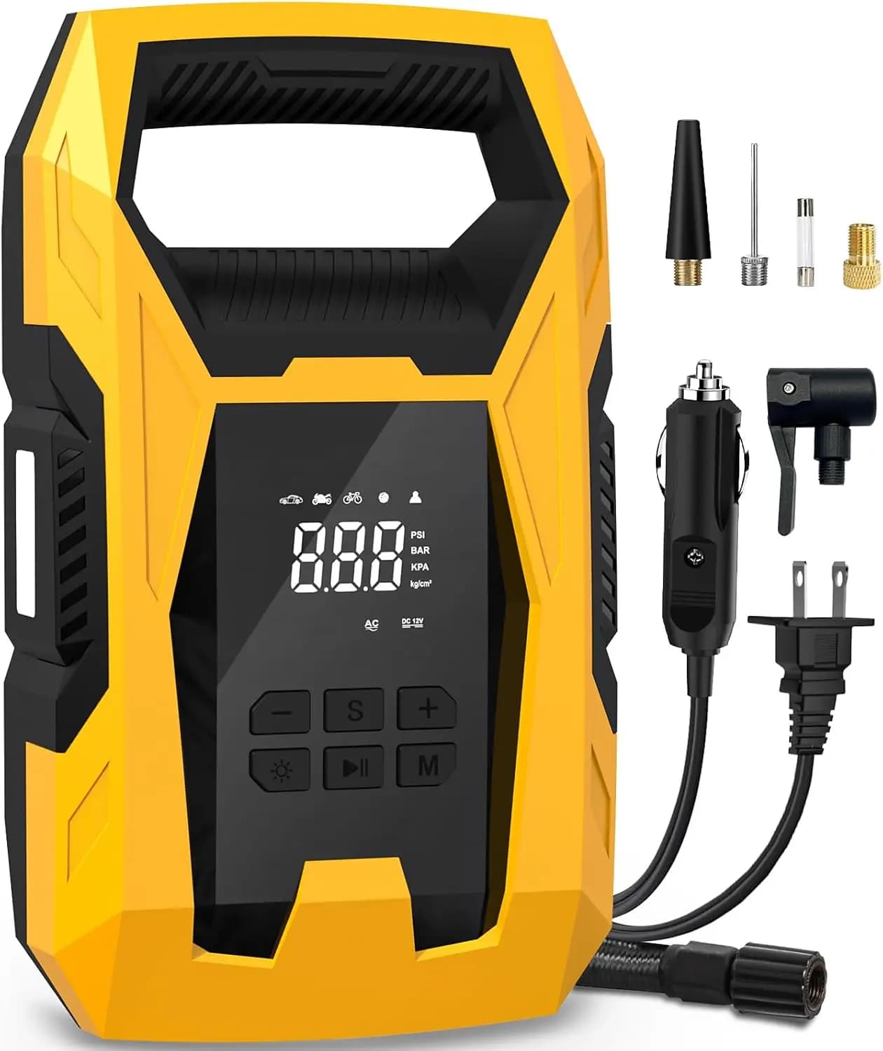 Compressore d'Aria Portatile AC/DC, Doppia Alimentazione per Casa 110V AC e 12V DC, Pompa con Manometro, Spegnimento Automatico