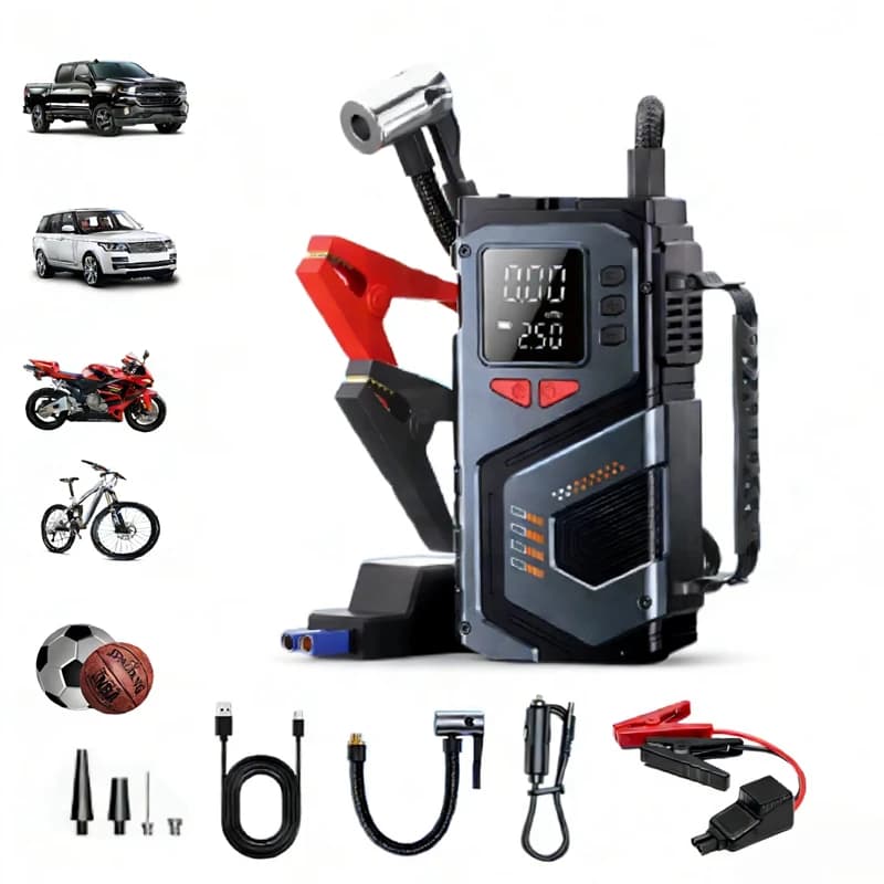 Avviatore di Emergenza Portatile con Compressore d'Aria 12V per Auto Diesel e Benzina, Pompa per Pneumatici 150 PSI, Booster per Batteria Auto con Luce LED