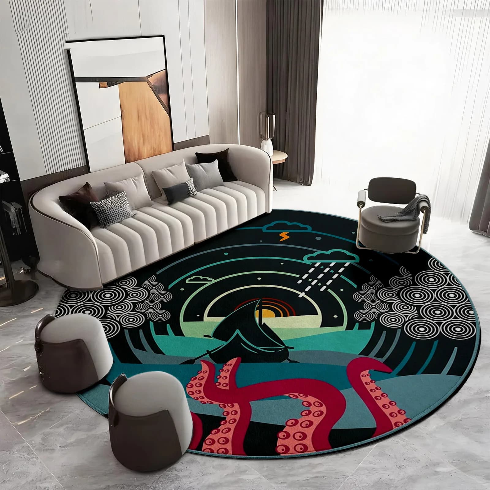 Large Round Coastal Area Rug Beach Wave Ocean Decor Mat Nautical Sea Life Throw Carpet for Living Room and Bedroom Modern Home S