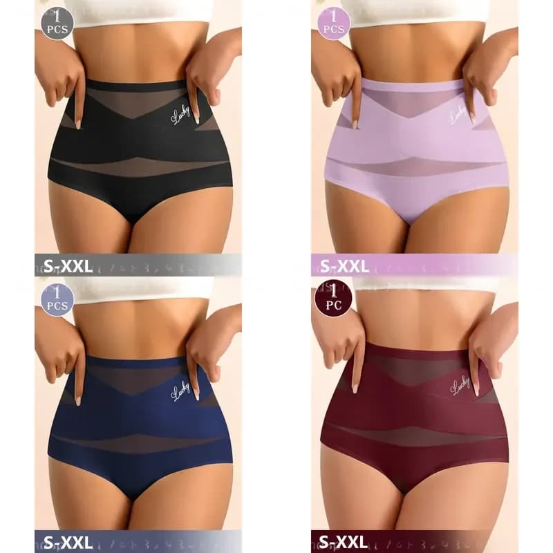 Women High Waist Tummy Control Seamless Shaping Panties Breathable Ice Fiber Mesh Solid Color Butt‑Lifting Triangle Underwear For Ladies Daily Wear