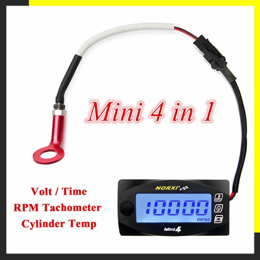 Temperatura della testata del cilindro del motociclo Voltmetro Tempo RPM Contagiri Mini 4 in 1 Display digitale a LED Quadmetro