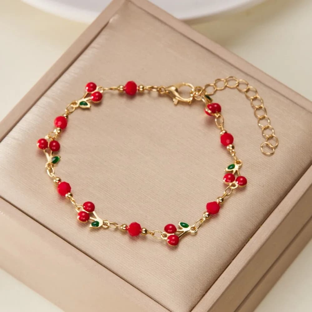 Exquisite Fashion Red Cherry Small Sunflower Flower Heart Beaded Bracelets for Women Sweet Daily Party Birthday Gift Jewelry