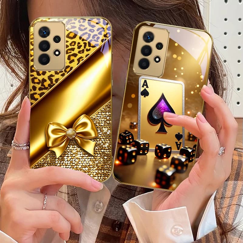 Custodia per telefono in vetro dorato con stampa leopardata e fiocco per Samsung A01, A52S, A04, A05S, A10, A12, A13, A22, A23, A24, A36, A42, M02, Note 10, Note 20 Ultra, Note 8, Note 9