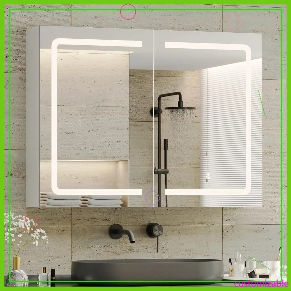 Armadietto dei medicinali con specchio a LED da parete da 31,5" con ripiano regolabile, luci a 3 colori, contenitore per il bagno bianco