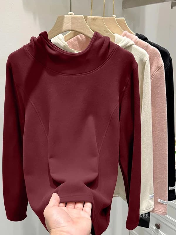 Felpa con Cappuccio da Donna Taglie Forti, Manica Lunga, Termica, Invernale, alla Moda, Semplice, Tinta Unita, Versatile, Calda, Maglia Base