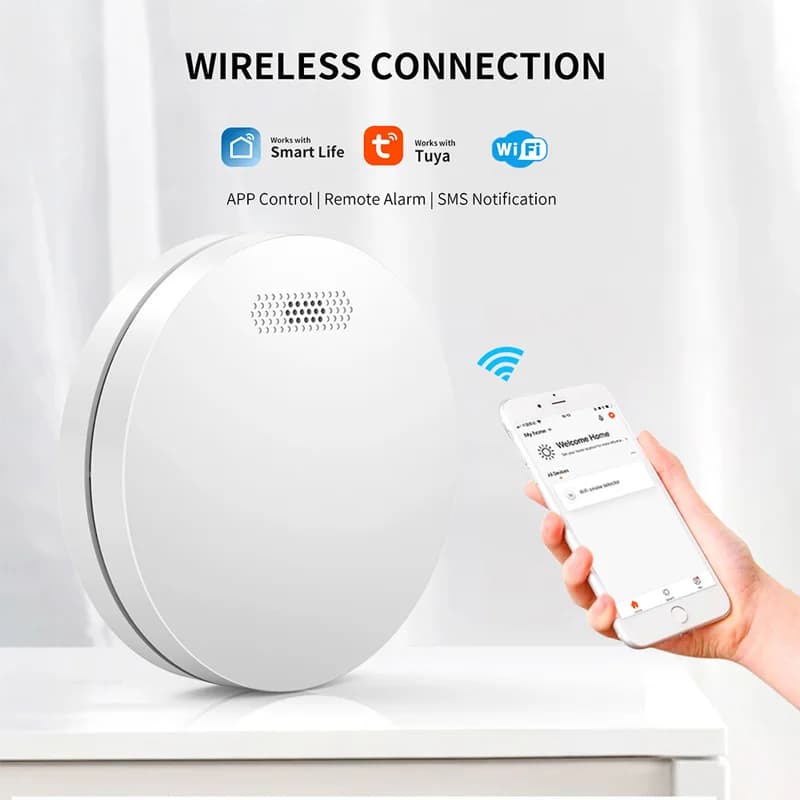 Graffiti Sensore di fumo wireless intelligente per uso domestico APP Tuya Rilevamento WiFi Rilevatore di incendio acustico e visivo Luce sonora intelligente