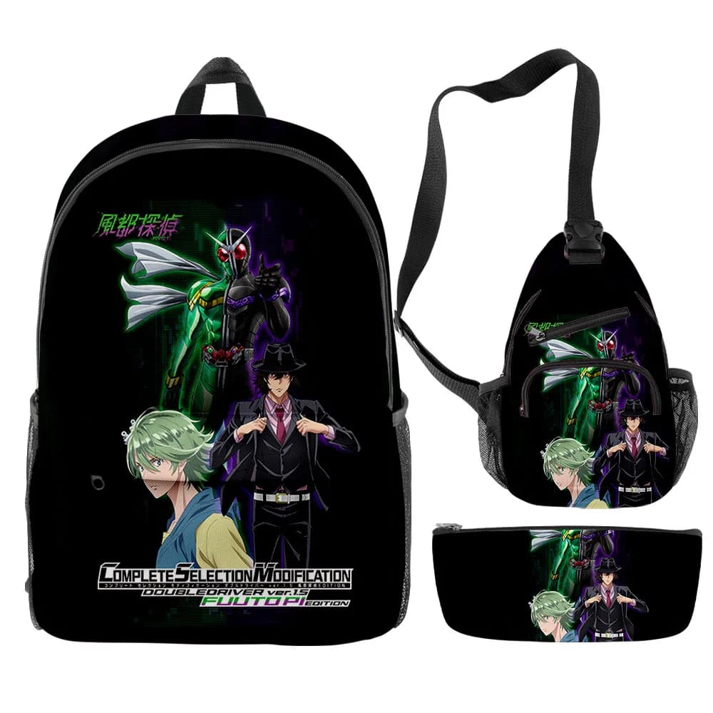 Classic Set of 3 Pieces FUUTO PI-Fuuto Tantei Anime with 3D Printing: School Backpack, Laptop Travel Bag, Shoulder Bag and Hood