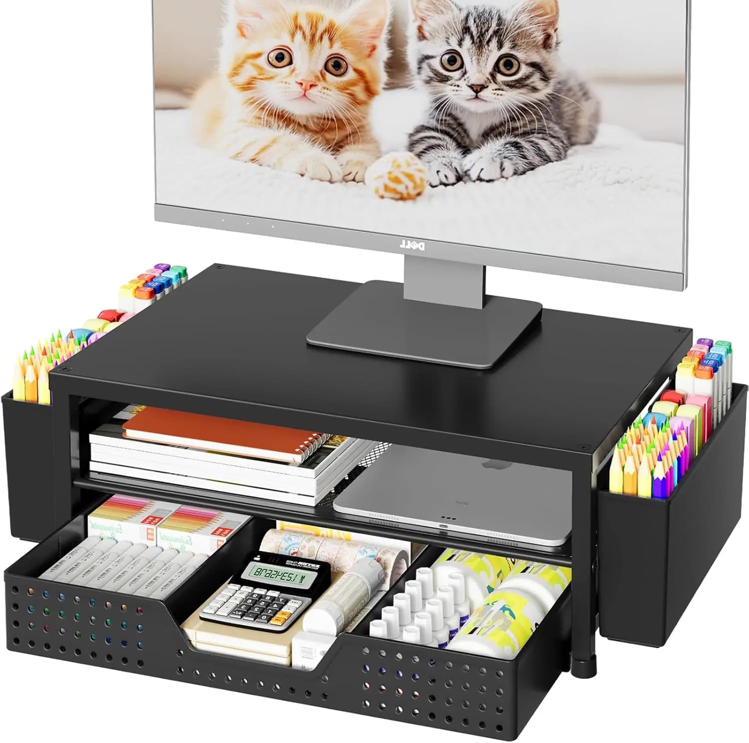 Support for Monitor with Drawer and Holder, Desk Ergonomic Organizer for Office Supplies, Black