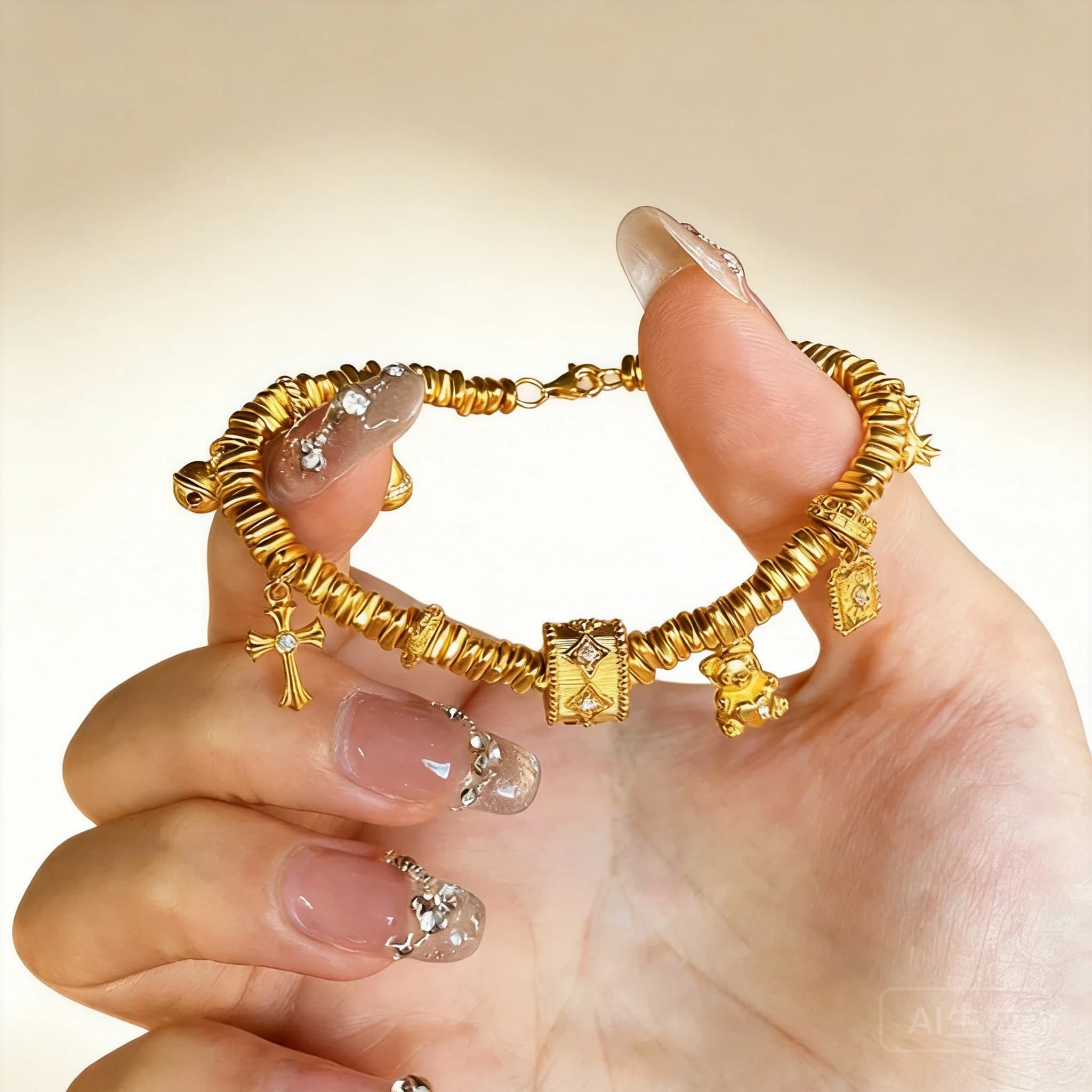 Braccialetto con perline placcato oro 24k, portafortuna cinese Feng Shui, con ciondolo orsetto, per attirare ricchezza e fortuna, regolabile