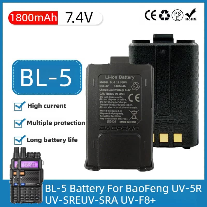 Batteria UV-5R 7.4V 1800mAh per Baofeng BF-UV5R UV-5RE 5RA/5RB/5RC Walkie Talkie, Batterie Ricaricabili Lipo, Accessori Radio