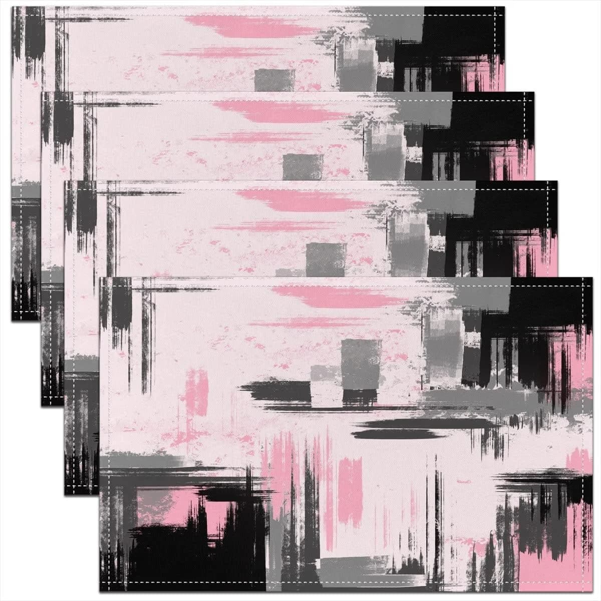 4/6/8pc Contemporary Abstract Pink Placemats Linen Retro Grey Black Oil Paint Stroke Table Mats Non Slip Washable Dinner Mats