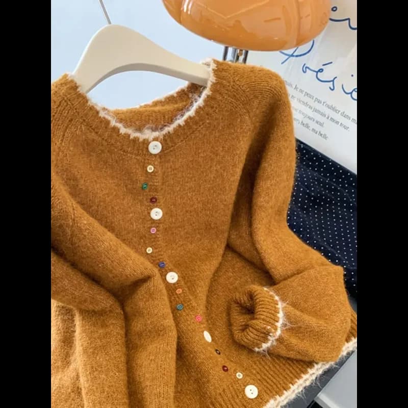 Autumn and Winter New Color Button Contrasting Splicing Round Neck Long Sleeved Knitted Cardigan Sweater Jacket Women's New Top