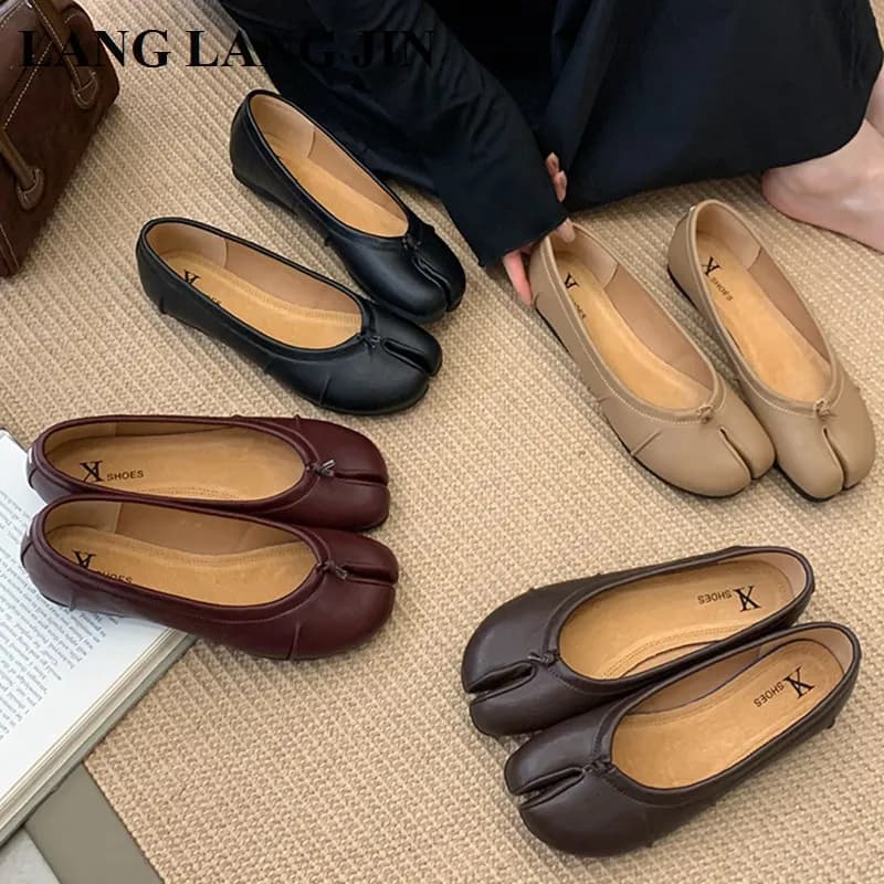 Primavera Split Toe Ballerine da donna Moda Tabi Scarpe Causale Slip On Mocassino Donna Espadrillas in pelle pieghettata Zapatillas Mujer