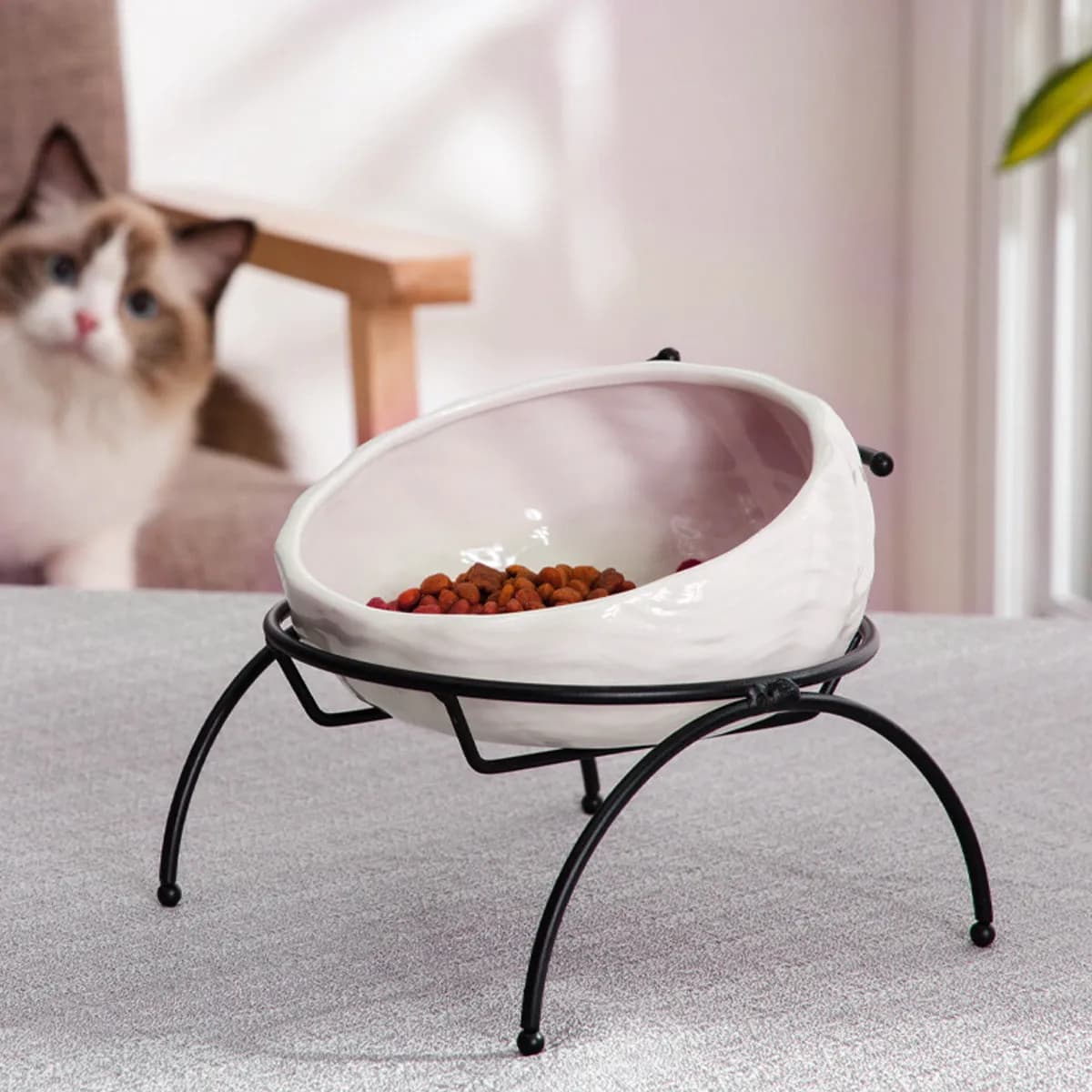 1Set Pet Ceramic Food Bowl Pale Pink Stable Iron Frame Elevated Rack Comfortable Dog Cat Feeding Bowl Non-Slip Easy Clean