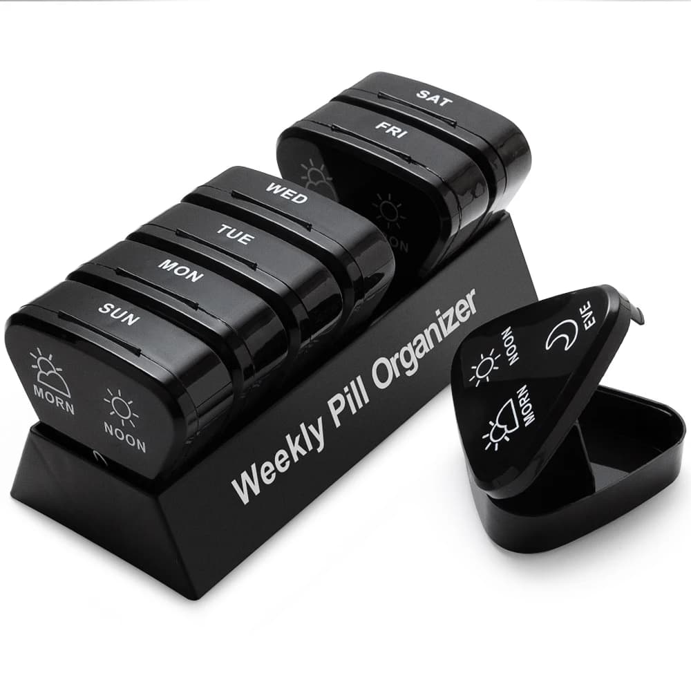 Organizer of daily pills 3 times a day, weekly pills, travel case with 7 daily compartments for vitamins