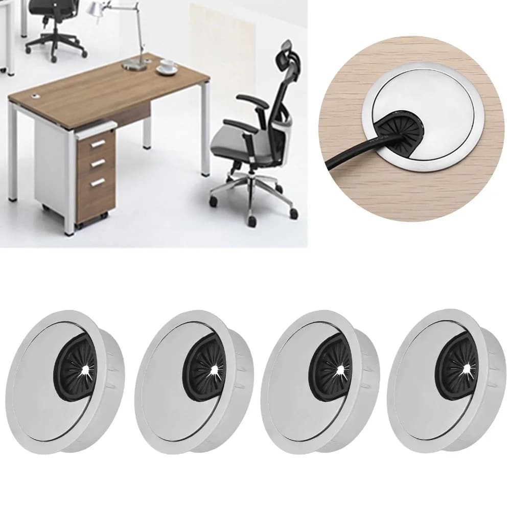 4PCS Sturdy Zinc Alloy Wire Hole Cover 2 Inch Brushed Silver Desk Cable Grommet Cable Hole Cover Desktop Organizer