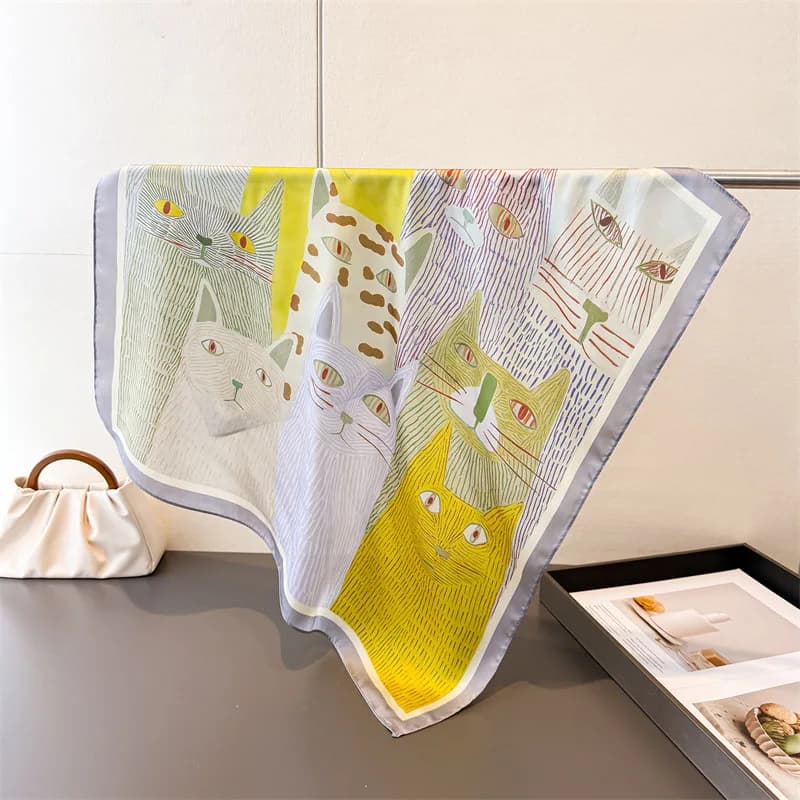 Sciarpa quadrata di lusso da 70 cm con stampa animalier gatto per donna, eleganti foulard in seta, bandane, hijab di lusso, sciarpe da collo, scialli eleganti.