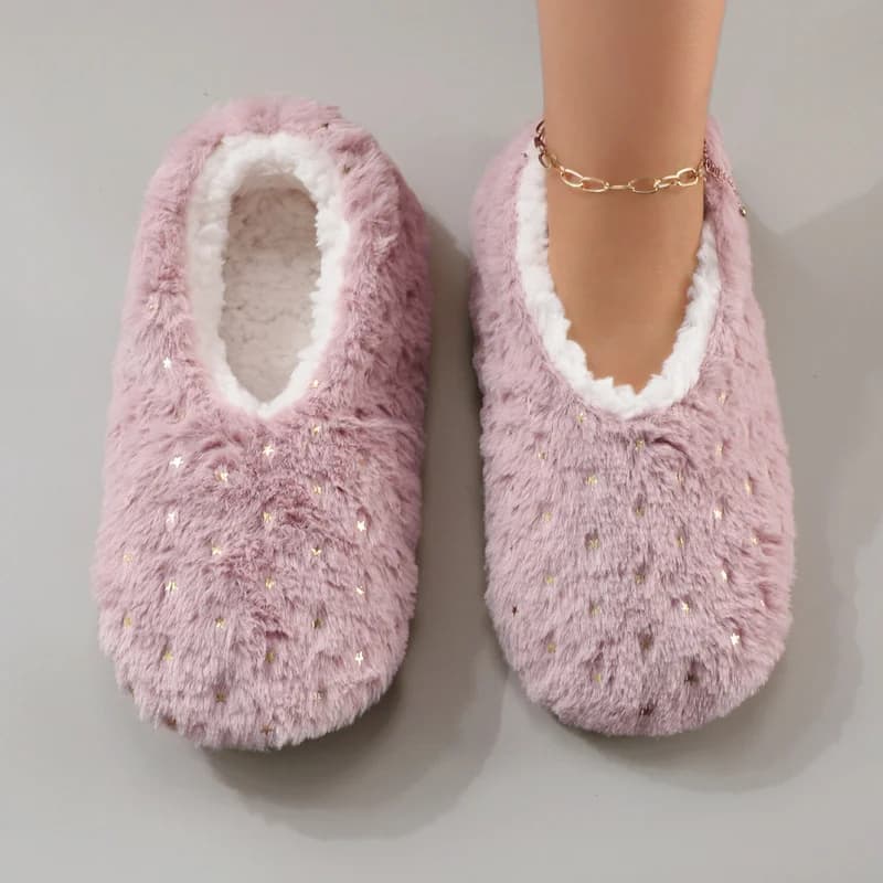 Fashionable Shiny Gold-Embossed Star-Patterned Plush Warm Women's Home Slippers with Anti-Slip Sole