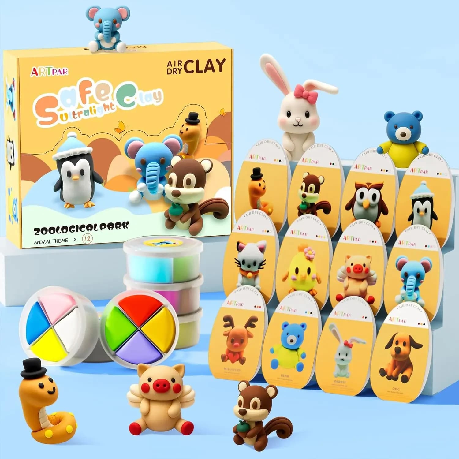 Kit di Argilla ad Asciugatura all'Aria con 12 Animali per Bambini, Set Creativo Fai-da-Te Non Appiccicoso e Morbido con Strumenti, Regalo Sicuro per Ragazzi e Ragazze