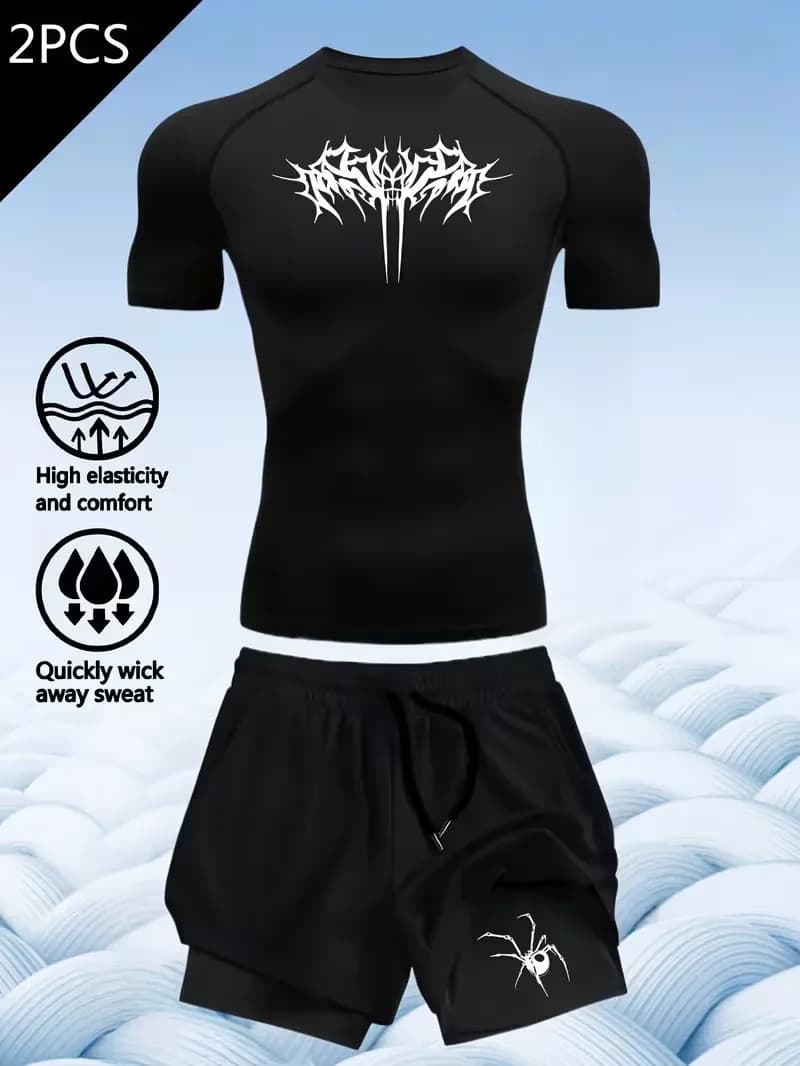 Set Sportivo da Uomo, Completo Fitness con Pantaloncini a Doppio Strato Aderenti, Set ad Asciugatura Rapida, T-shirt con Stampa