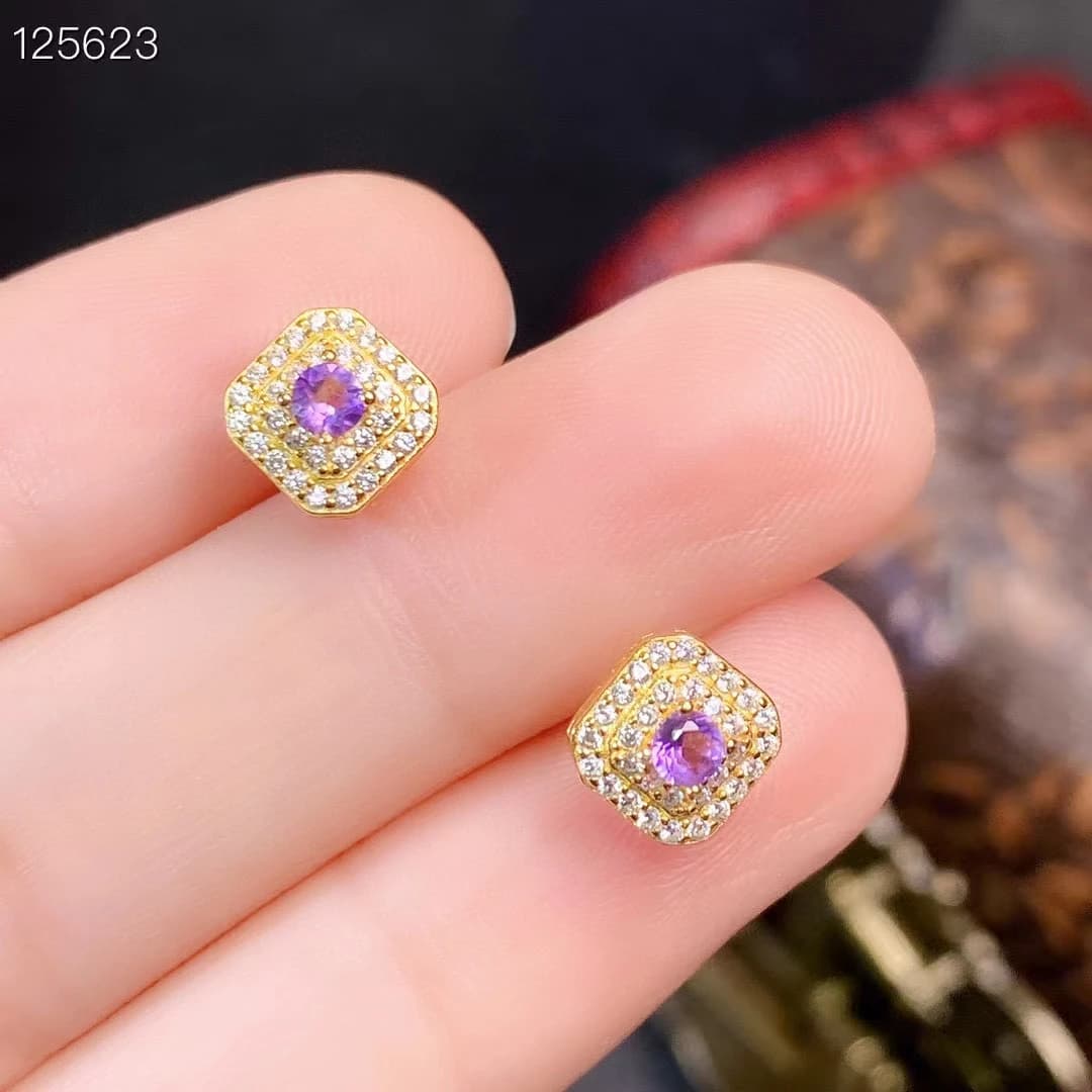 Orecchini a bottone quadrati in argento 925 anallergici da indossare ogni giorno Orecchini con ametista naturale da 3 mm 0,2 ct con 3 strati placcati in oro 18 carati