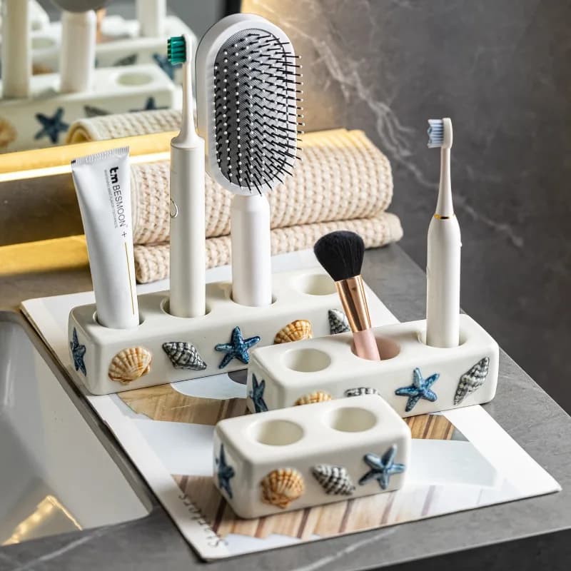 Portaspazzolino in Ceramica con Rilievo Oceanico, Supporto per 4 Spazzolini Elettrici e Porta Dentifricio, Organizzatore per Cosmetici da Bagno