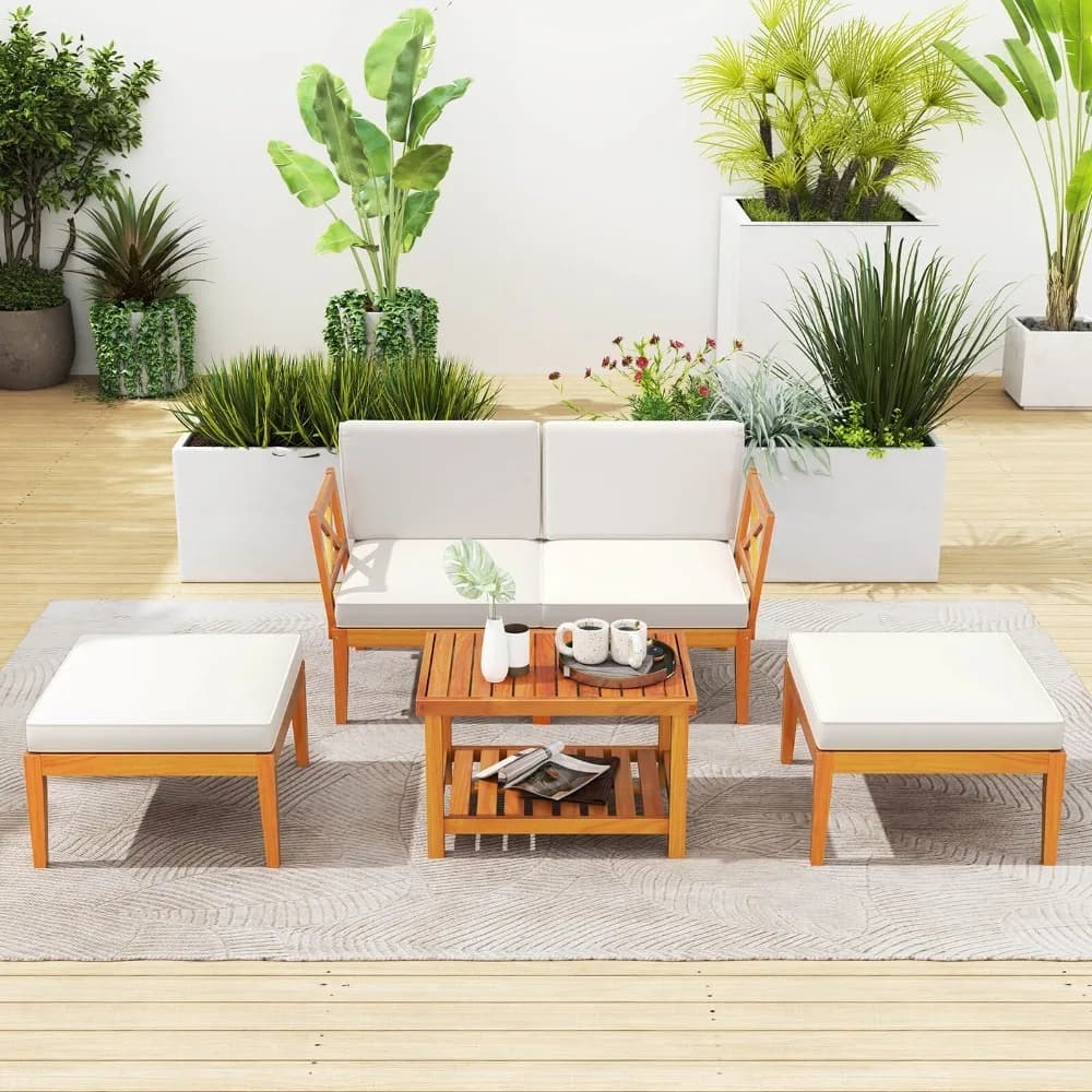 5 PCS Acacia Wood Patio Chaise Lounge Chair Set w/ 2-Tier Coffee Table Cushions