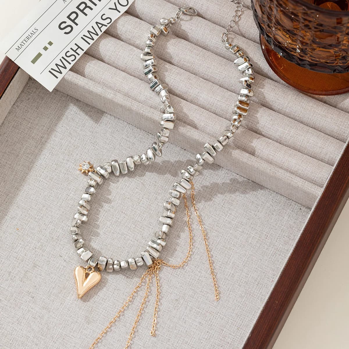 New Metal Irregular Beaded Choker with Heart Tassel Pendant, Fashion Versatile Necklace for Women