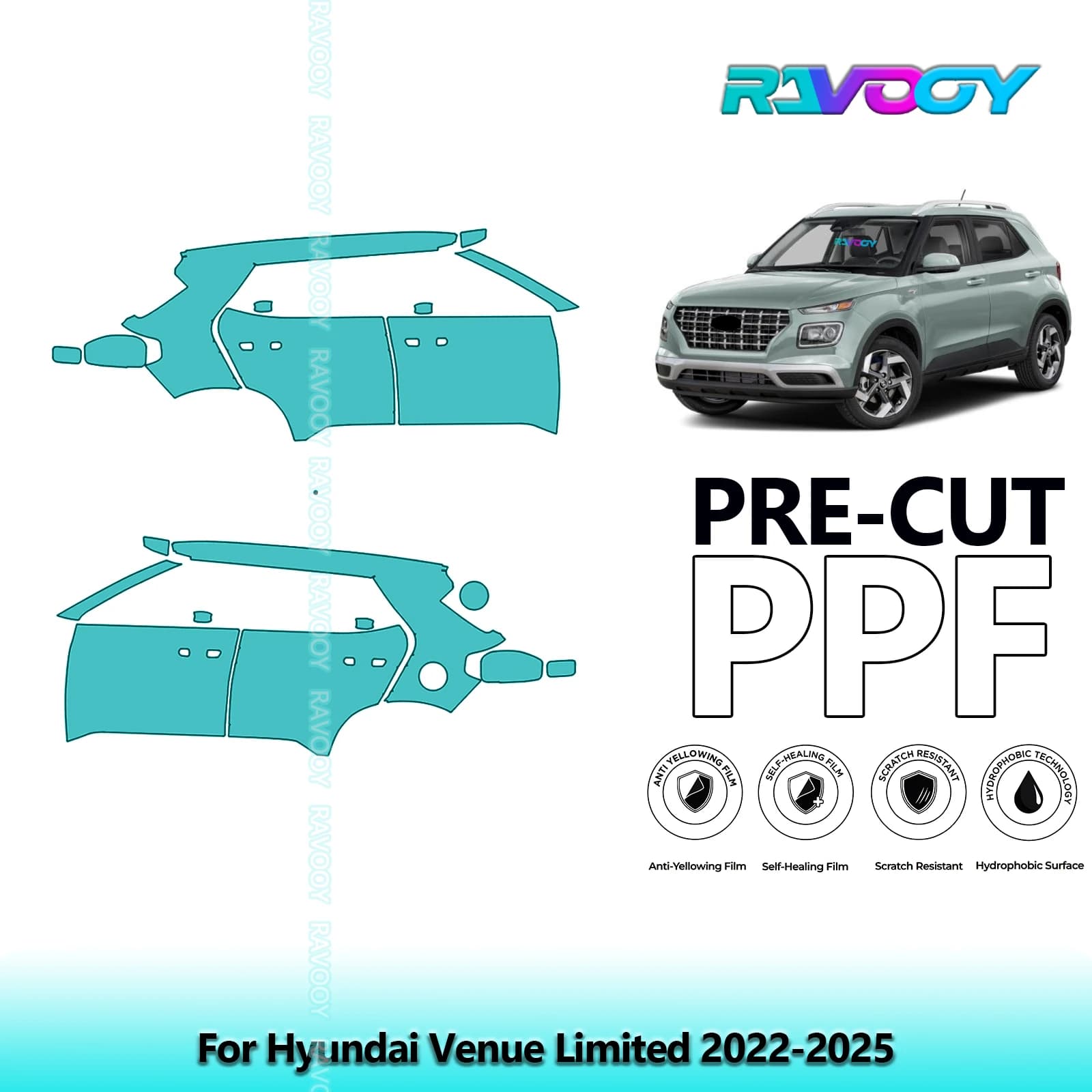 For Hyundai Venue Limited 2022-2025 8.5mil Transparent Pre-Cut PPF Door and Pillar A/B Kit TPU Paint Protection Film Set
