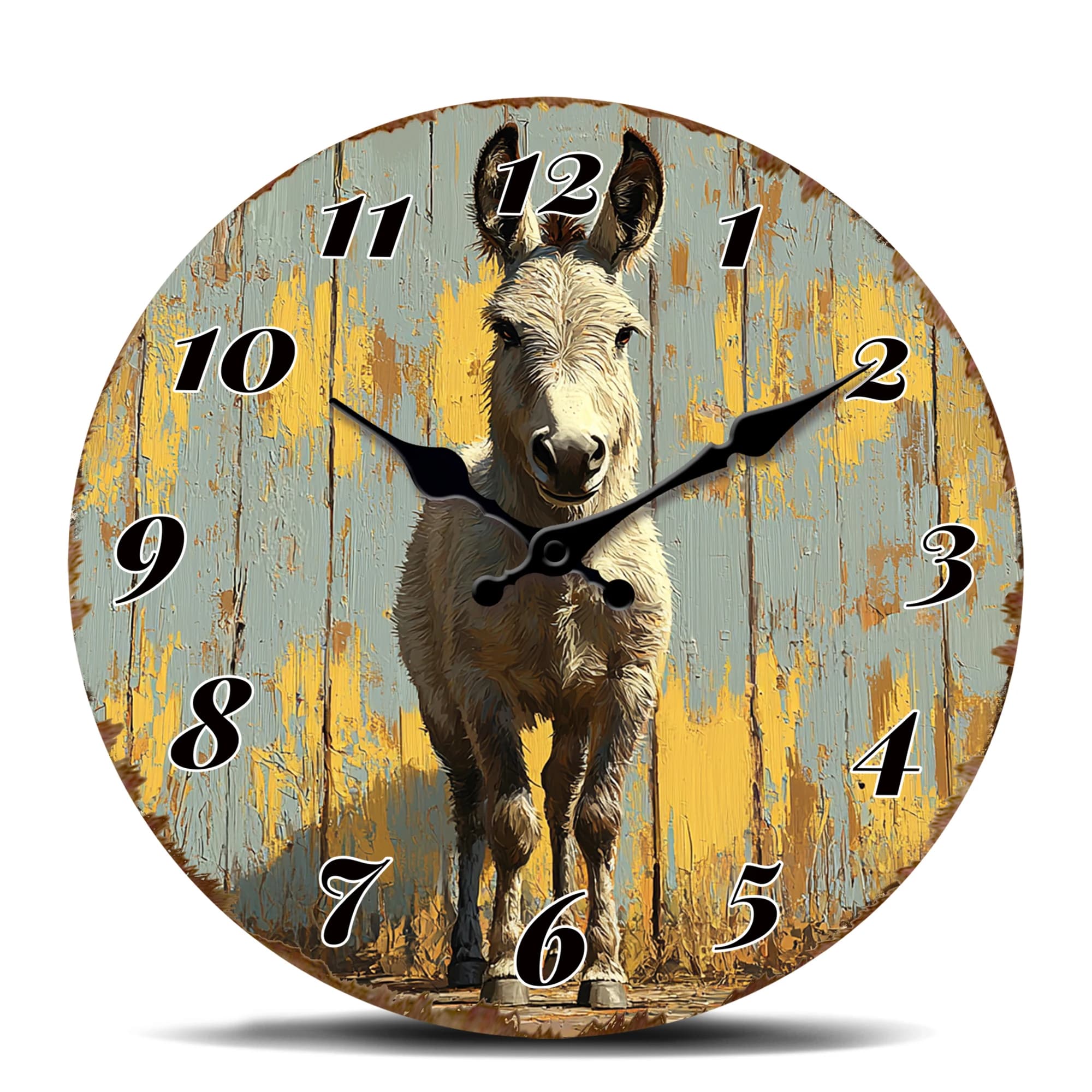 Round Wall Clock with Asino on Rustic Wood - Animal Farm Decoration, Silent Without Ticking for Country Style