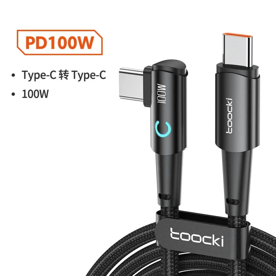 PD 100W 60W L Shape Elbow USB C to USB C Fast Charging Cable LED Indicator Dual Type-C Right Angle Data Transfer Wire 1M Black