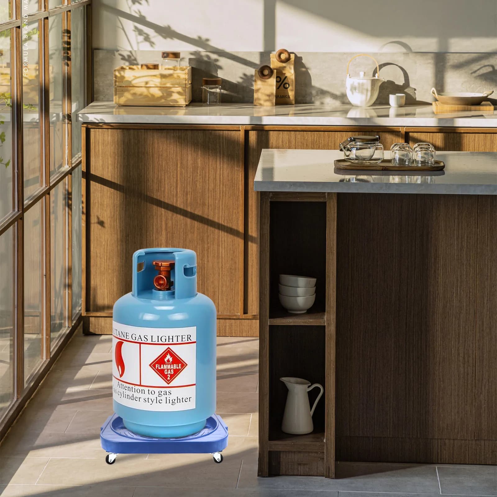 Supporto per bombola del gas mobile in acciaio inossidabile, base per serbatoio del gas da cucina, vassoio con ruote per carichi pesanti, per piante e vasi (1 pezzo)