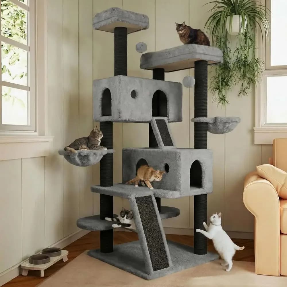 66 Multi-Level Large Cat Tree Tower with Plush Perches, Condo, Scratching Posts, Hammock, Baskets, Play House, and Wide Base in