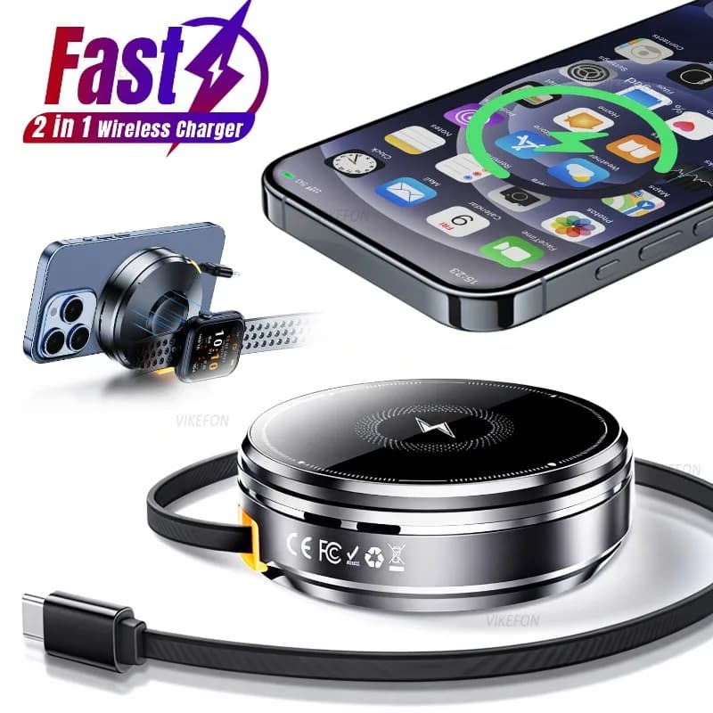Caricabatterie wireless magnetico 2 in 1 Cavo integrato per Magsafe iPhone 17 16 15 14 13 12 Apple Watch 11-2 Airpods Pro Ricarica rapida