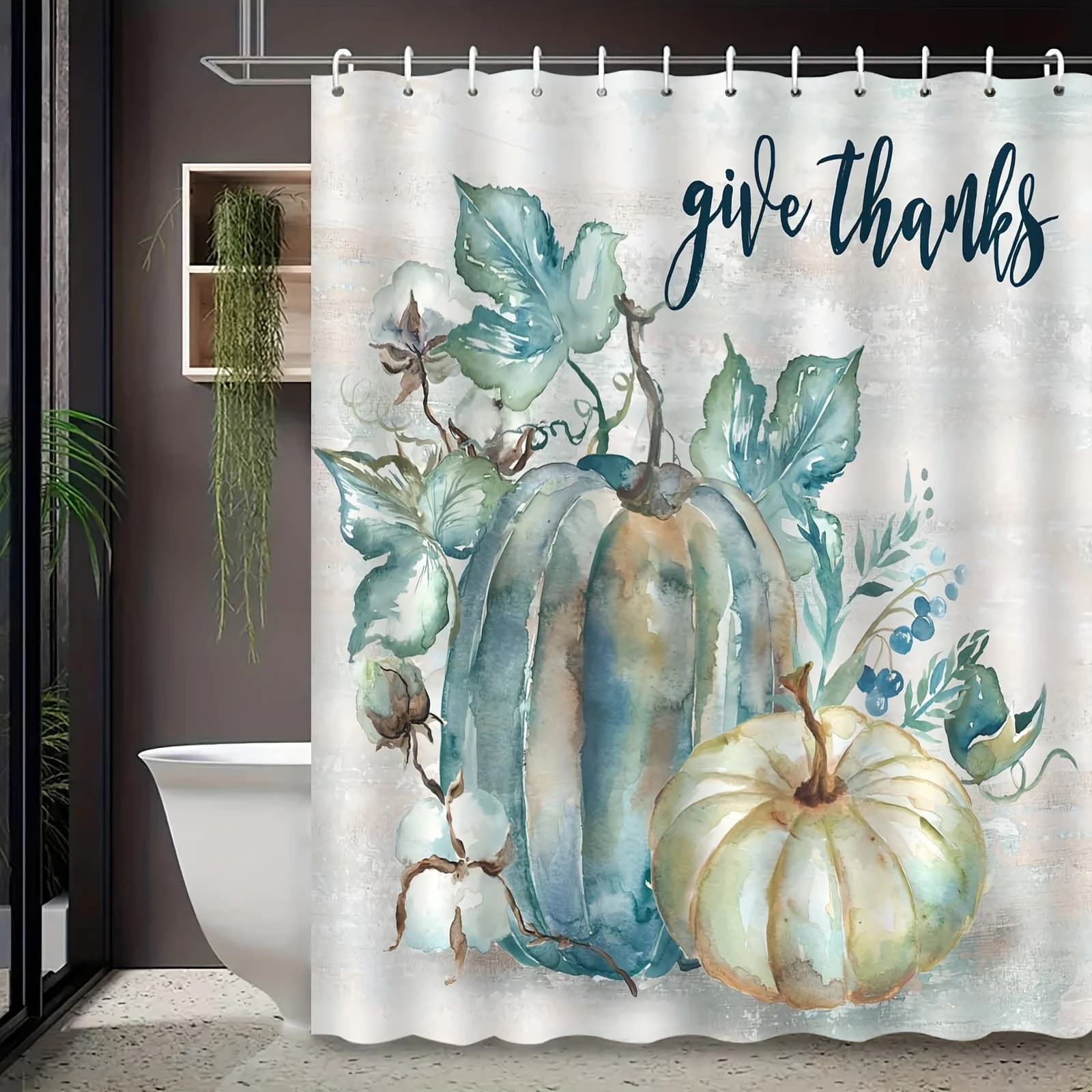 Elegante tenda da doccia con zucca acquerello, antiappannamento, design a tema autunnale, tessuto lavorato a maglia in poliestere, lavabile in lavatrice