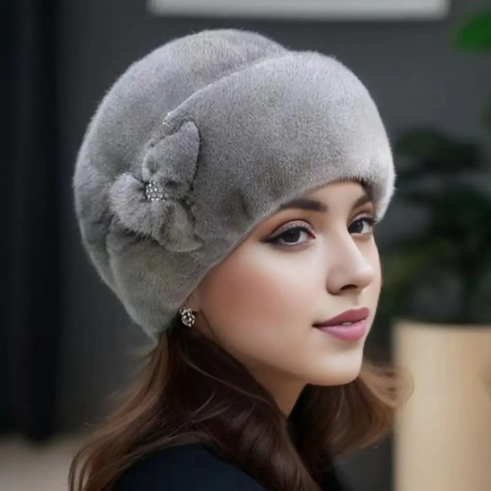 Mid-aged Women Winter Hat Thick Plush Faux Fur Heat Retention Windproof Rhinestone Decor Outdoor Cycling Skiing Beanies