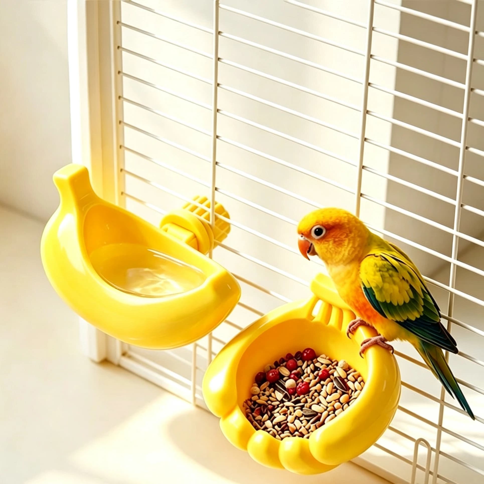Parrot Food Dish Clamp-on Water Drinker Bird Feeder Rabbit Hamster Pet Feeding Bowl Cage Cup Hanging Bowl Banana Shape Container