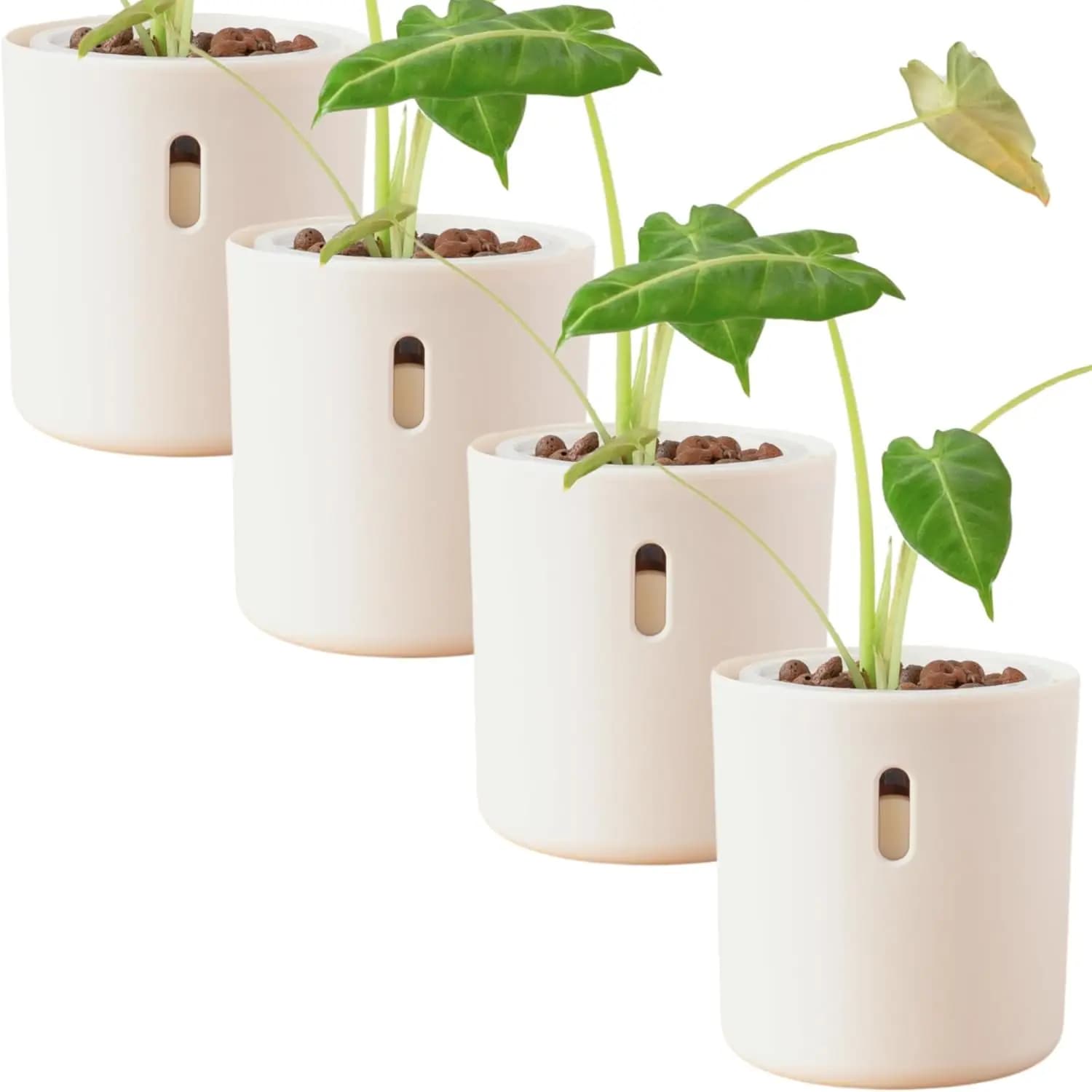 Indoor Plant Use, Plastic, Cream Self-Watering Planter with Clear Inner Pot & Water Level Indicator, 4-Pack